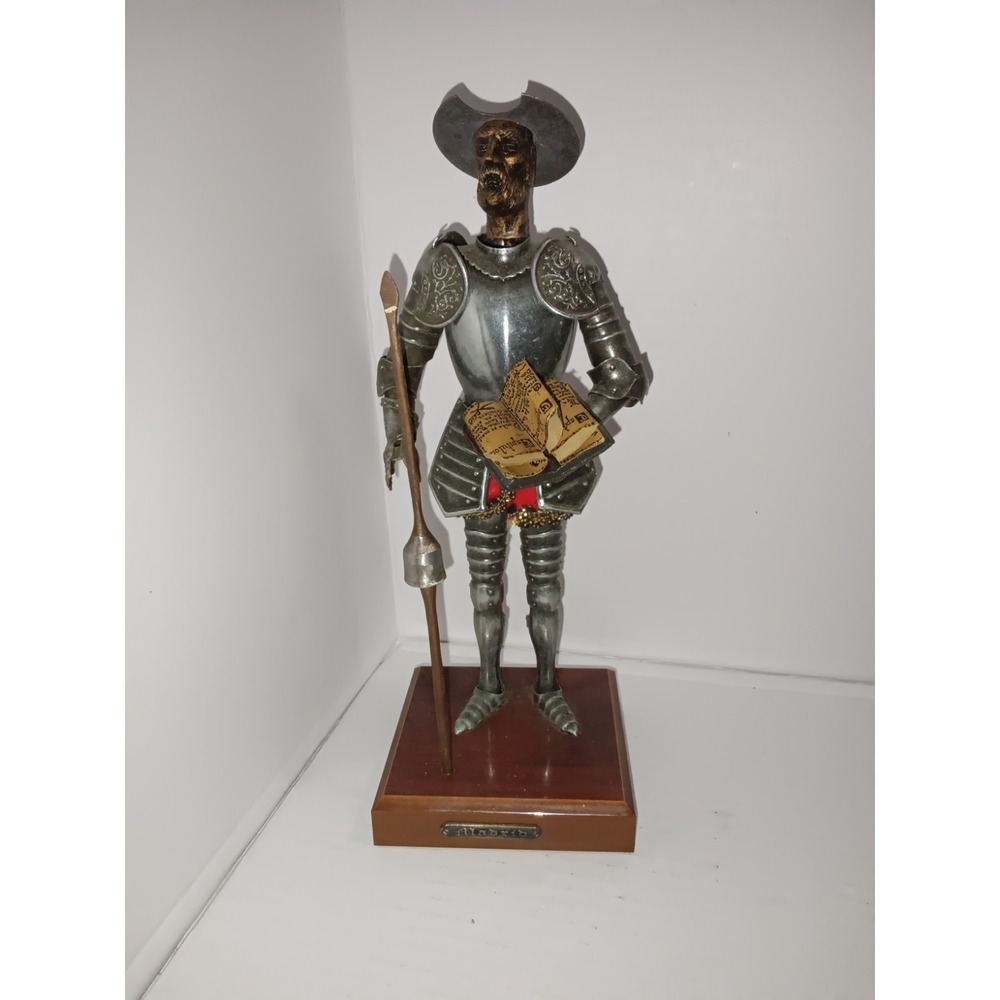 VINTAGE DON QUIXOTE FIGURE DRESSED IN METAL KNIGHT ARMOUR W/ LANCE & BOOK - RARE